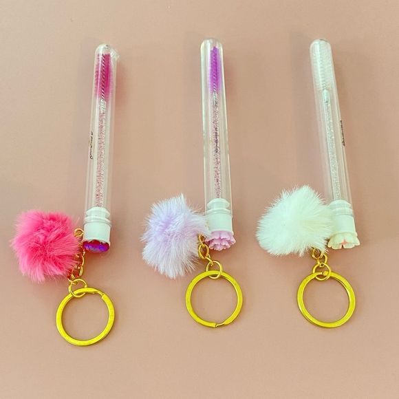 3pcs Tube Eyelash Brush/Spoolie with Furball & Gold Keychain | Mascara Wand - Picture 3 of 6